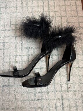 Black Feather Strap Stiletto Heels - Elegant Women's Evening Sandals Size 10